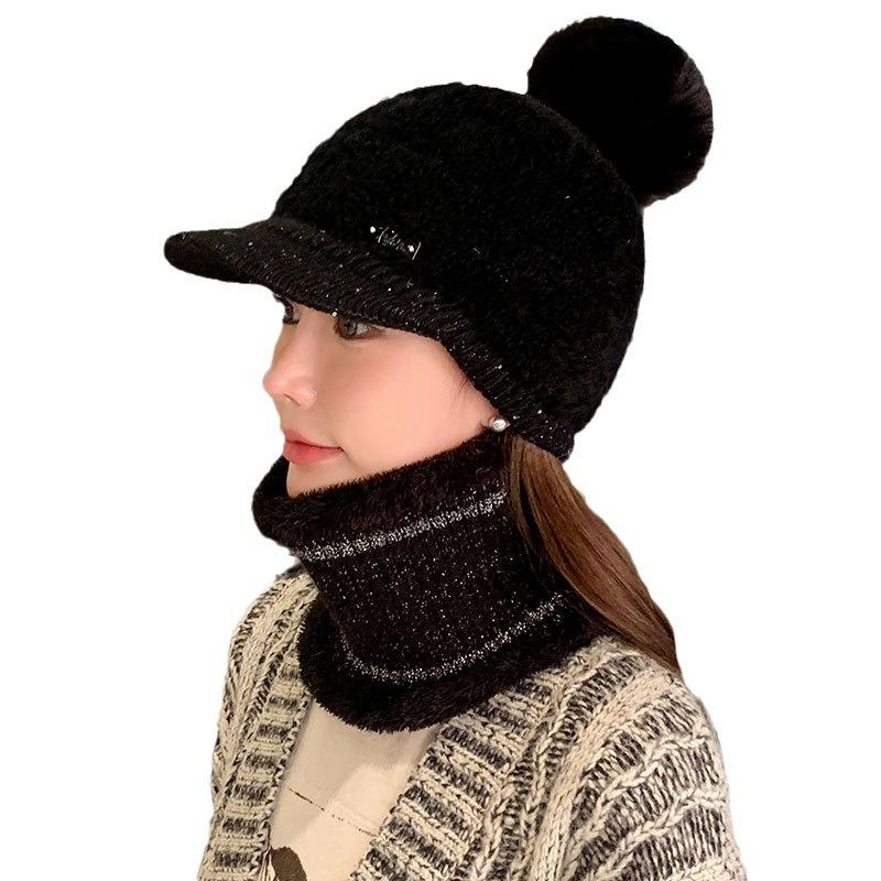 Fleece warm knitted hat women's autumn and winter plush line duck tongue baseball cap scarf cover show face cap