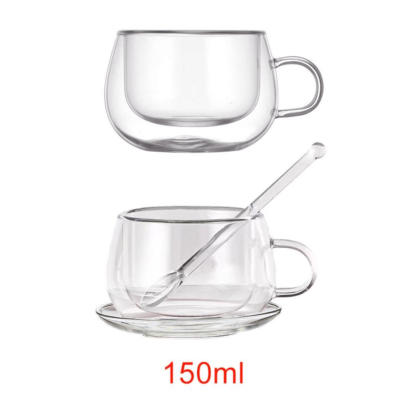 150/300ml Heat Double-layer Glass Cup Transparent with Handle Resistant Coffee Cup & Saucer Milk Juice Water Cup Festival Gift