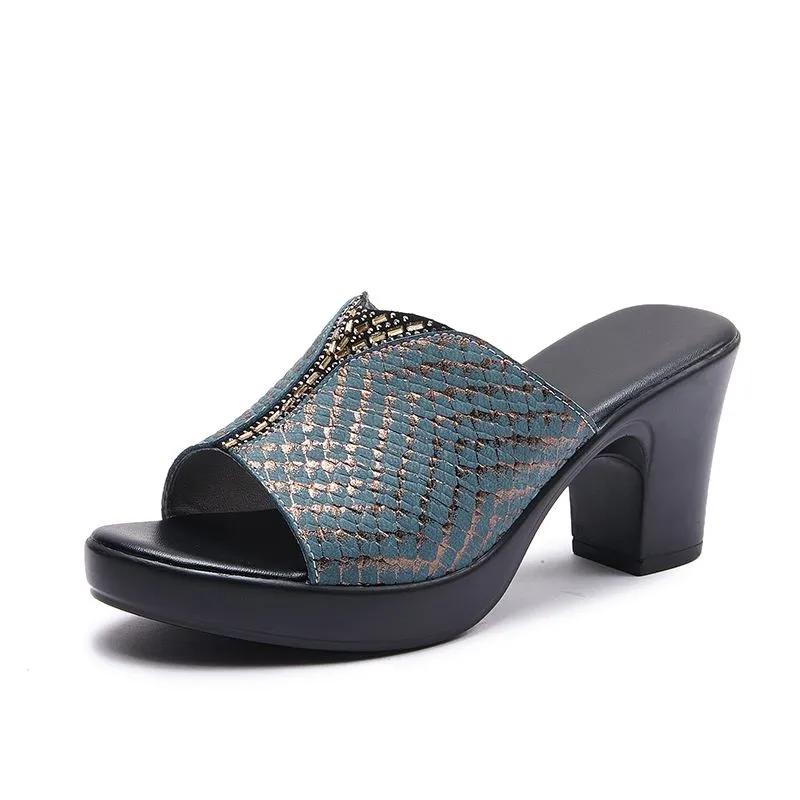 Fashion GKTINOO Fashion New Genuine Leather Slippers Anti-skid Summer High Heels Waterproof Rhinestone Sandals Mom Shoes For Outside