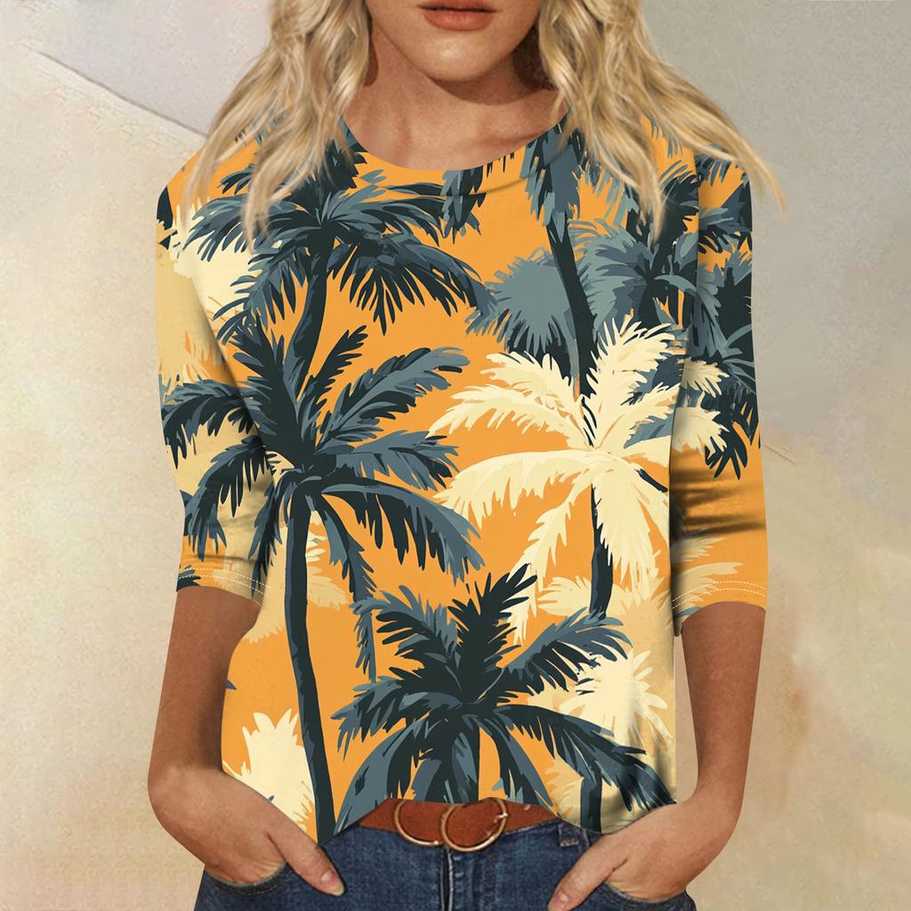 Módní vintage top s 3/4 rukávem pro ženy, dámská ležérní halenka s tříčtvrtečním rukávem a kulatým výstřihem s potiskem