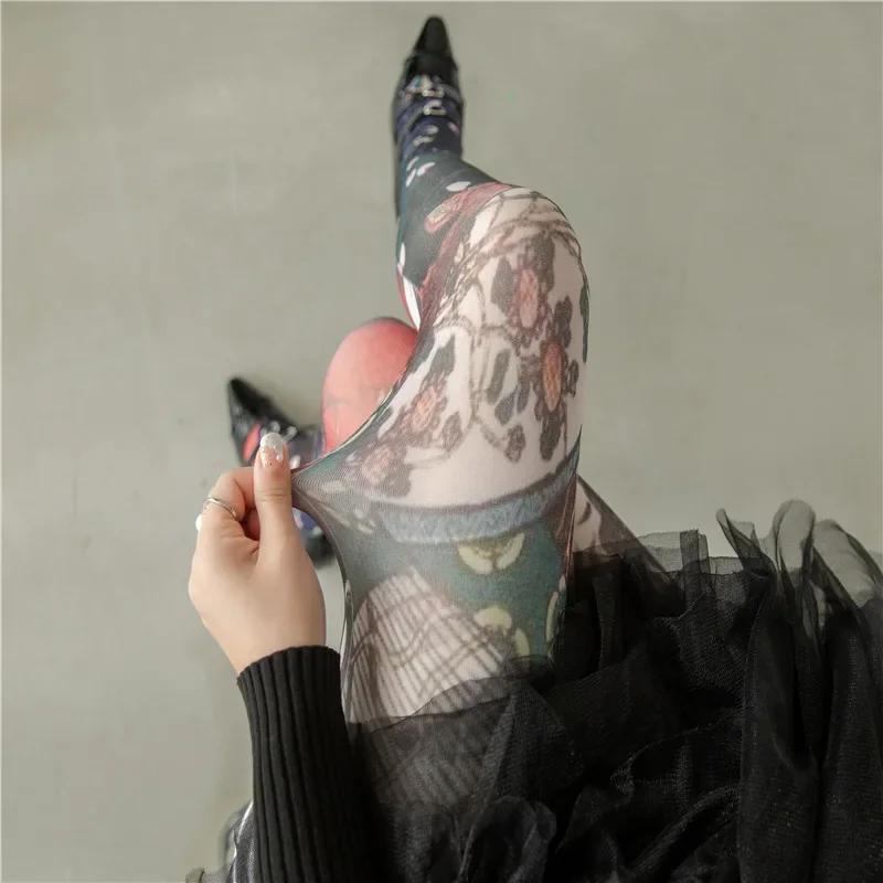 Women's Graffiti Printed Tights Butterfly Lattice Seamless Pantyhose Female Sexy Stretch Long Socks High Waist Stockings