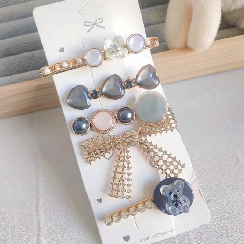 6-Piece Retro Korean Style Hair Clip Set with Bear, Pearl, Rhinestone, and Fairy Designs