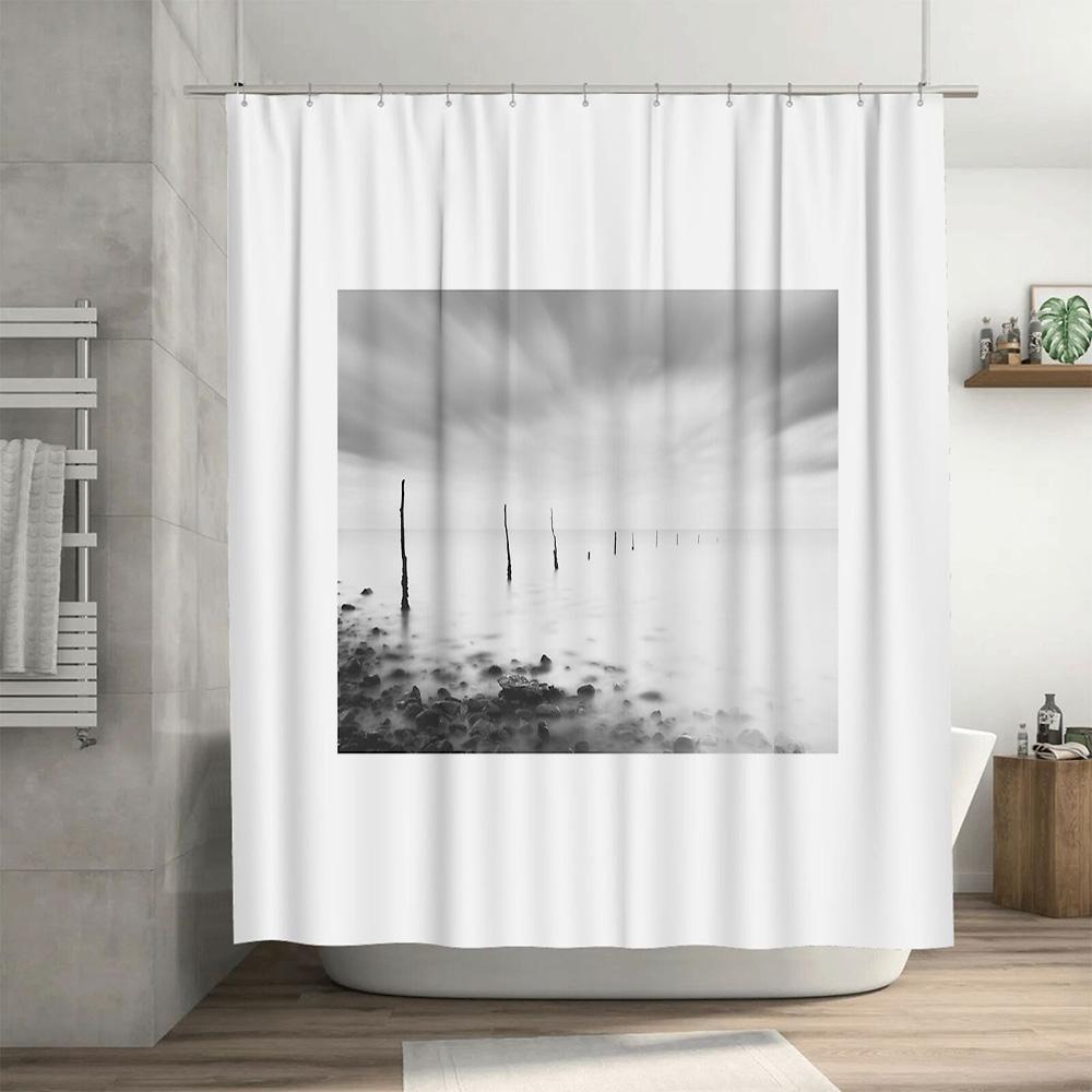 Cortina de Ducha Cascada Blanco Negro Abstracta Moderna Paisaje Bosque Naturaleza Decoración de Baño Tejido Lavable Textil para el Hogar