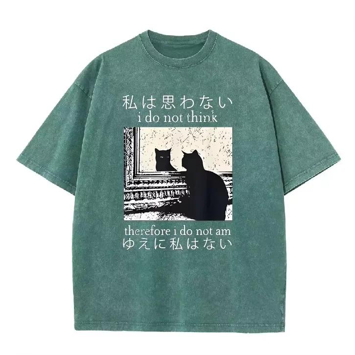 Japansk Citat Spejl Kat Grafisk Vintage Vask Oversized Sort T-shirt Mørk Academia Katteelsker Street Top