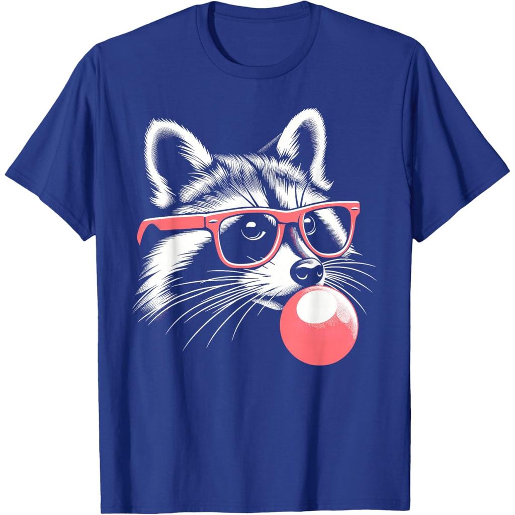 Funny Raccoon Graphic Tee Hipster Animal Wearing Pink Glasses Bubble Gum Short Sleeve T-Shirt