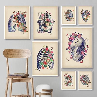 Vintage drukowany plakat artystyczny abstrakcyjna anatomia człowieka czaszka płuca mózg serce płótno ścienne obrazy do wystroju kliniki medycznej