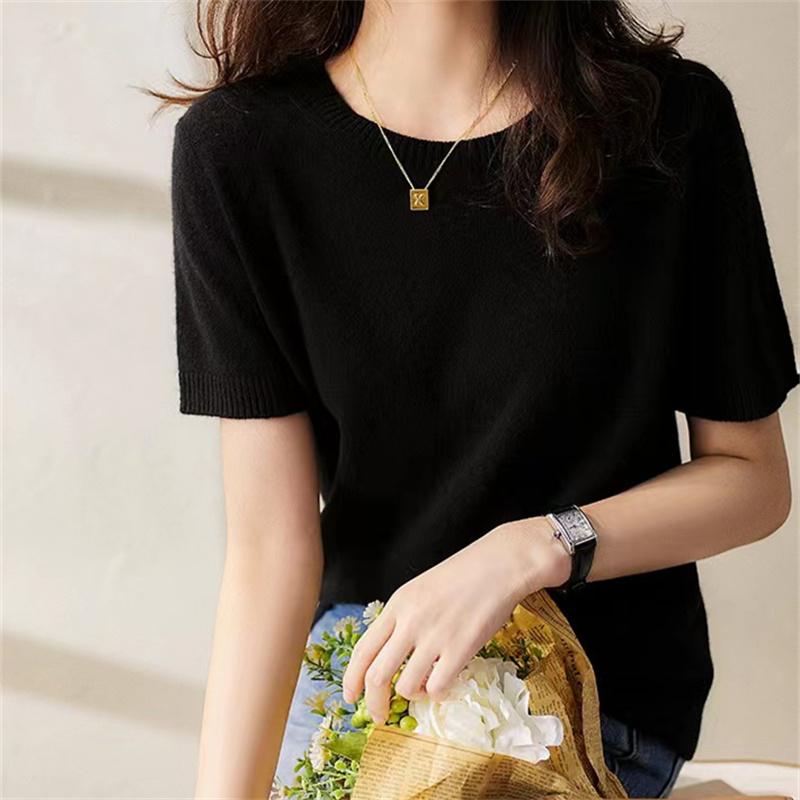 2022 Spring Summer Fashion Simple Pullover Elegant Fashion O-Neck Solid Knitted Sweater Women Short Sleeve Casual Loose Tops