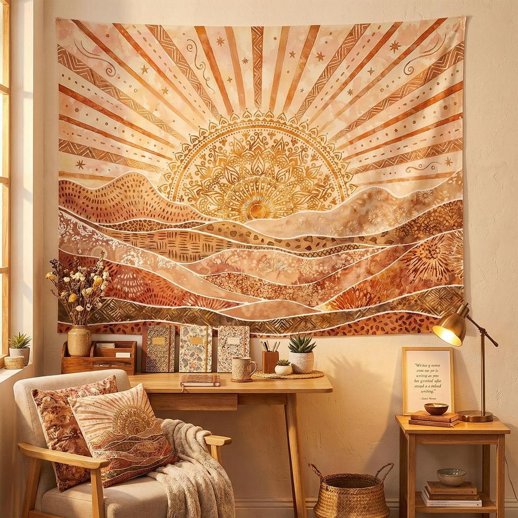 Calming Bohemian Tapestry, Warm Earthy Sun And Abstract Mountains With Tribal Patterns Print Wall Hanging For Cozy And Relaxing