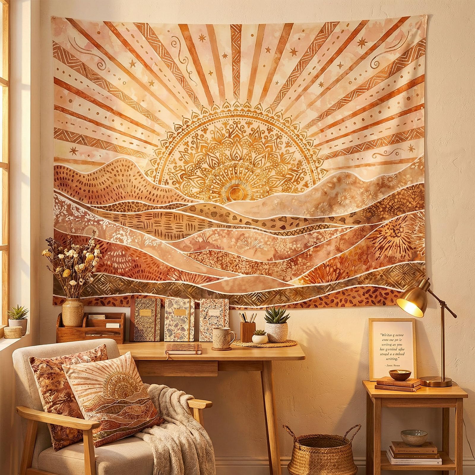 Calming Bohemian Tapestry, Warm Earthy Sun And Abstract Mountains With Tribal Patterns Print Wall Hanging For Cozy And Relaxing 70x100CM
