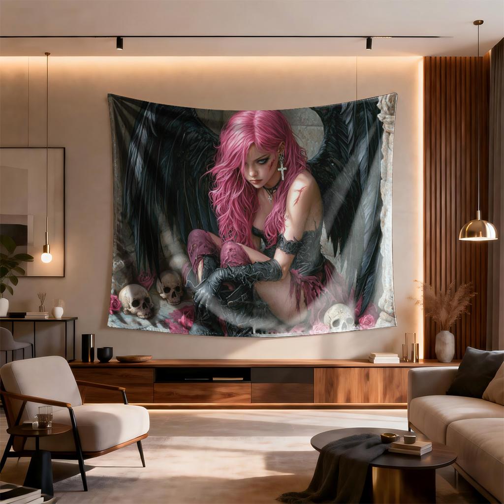 Dunkles Engel-Wandteppich Rosa Haare Gothic-Mädchen mit Schwarzen Flügeln und Totenköpfen Fantasy Grunge Wandbehang für Schlafzimmerdekoration