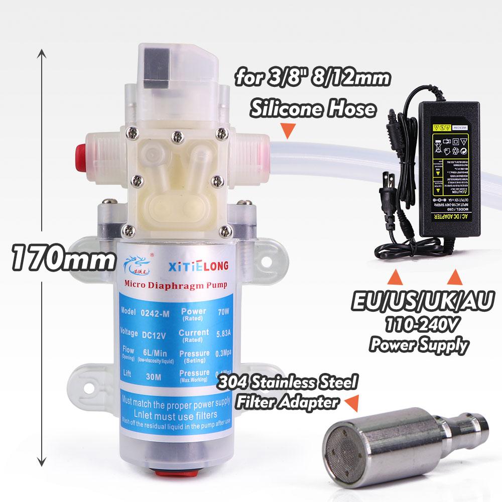 70W Food Grade Diaphragm Water Pump Kit 110-240V Power Supply Hygienic Silicone Hose Self-priming Pump w/ Switch for