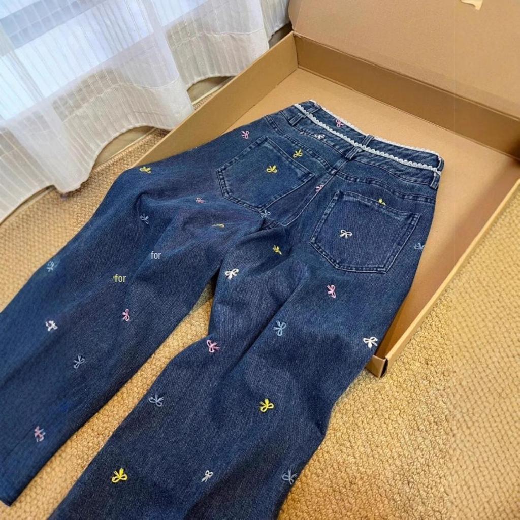 2024 Autumn Women's American Style Colorful Bow Wide-Leg Jeans
