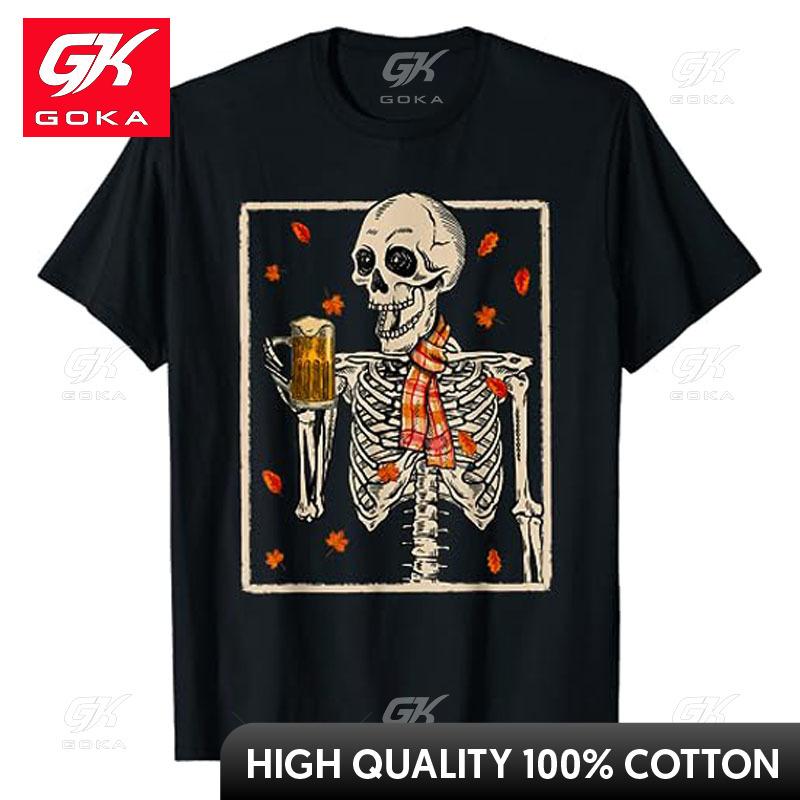 Skeleton Drinking Beer Retro Halloween Costume Beer Drink TShirt Skull Print Graphic Tee Thanksgiving Tops Short Sleeve Blouses