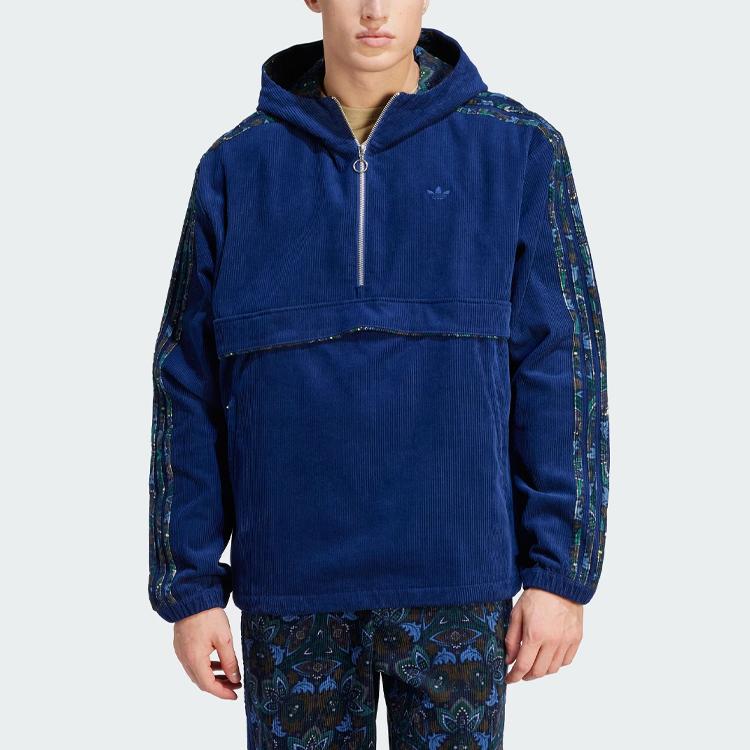 Adidas Originals Corduroy Hoodie Color Block Sports Jacket Men Jacket Dark-Blue IS9571