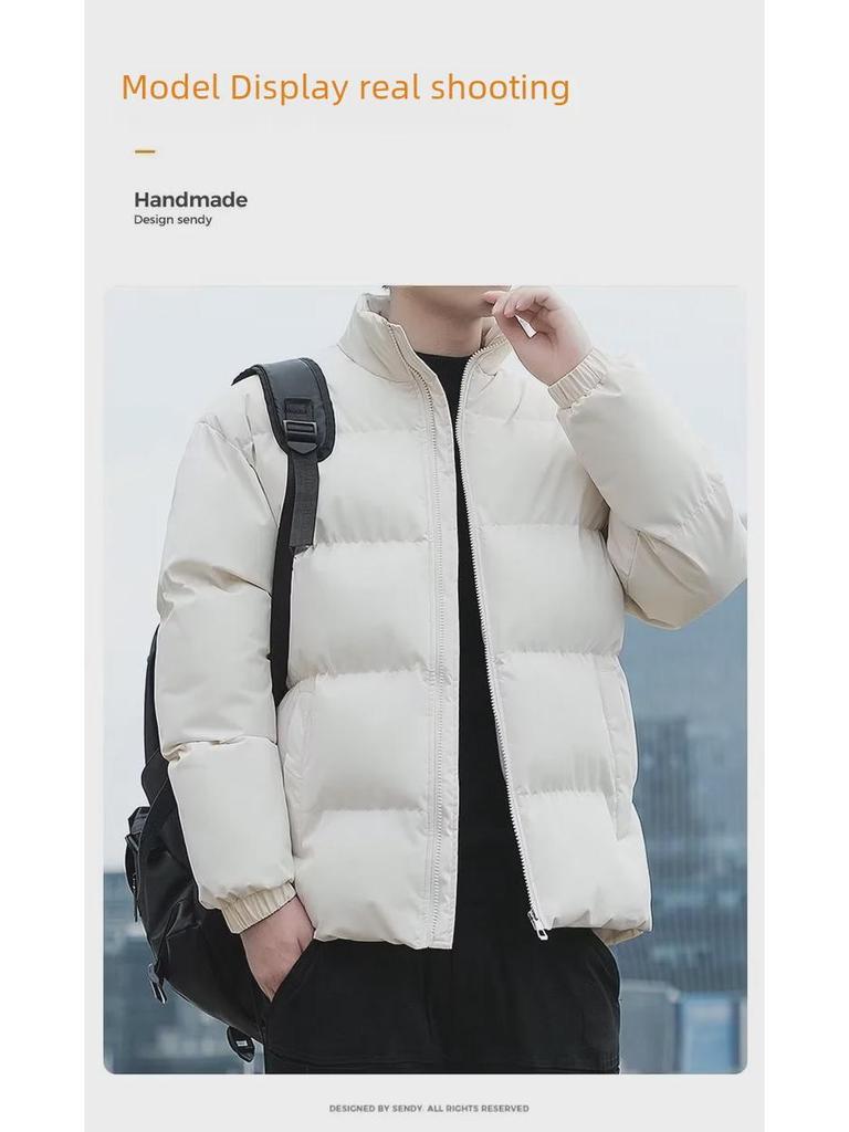 Męski bawełniany płaszcz ze stójką: Jesienno-zimowa aksamitna, pogrubiona kurtka puchowa w jednolitym kolorze, płaszcz typu bread coat w stylu dla par