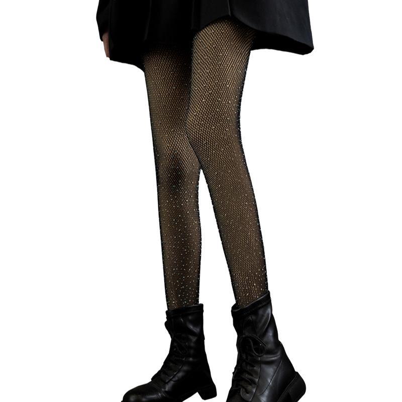 Spring & Fall Velvet-Lined Diamond Fishnet Stockings, Black Anti-Hook Sexy JK Pantyhose