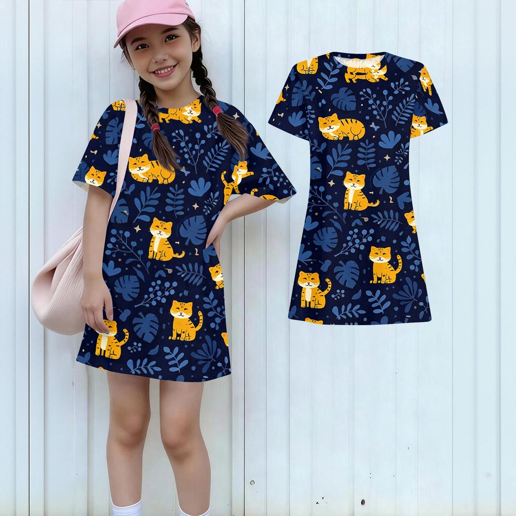 Girls Print Casual Dress Kids Loose Round Neck Short Sleeve Thin Sundress