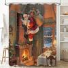 Santa Claus Climbing Chimney with Gifts Christmas Shower Curtain Festive Decor for Bathroom Christmas Party Home Accent