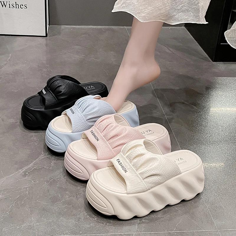 Fashion 8.5CM New Platform Slippers Women Summer Outdoor High Heels Leather Chunky Sandals Casual Peep Toe Flip-flops Beach Wedge Shoes