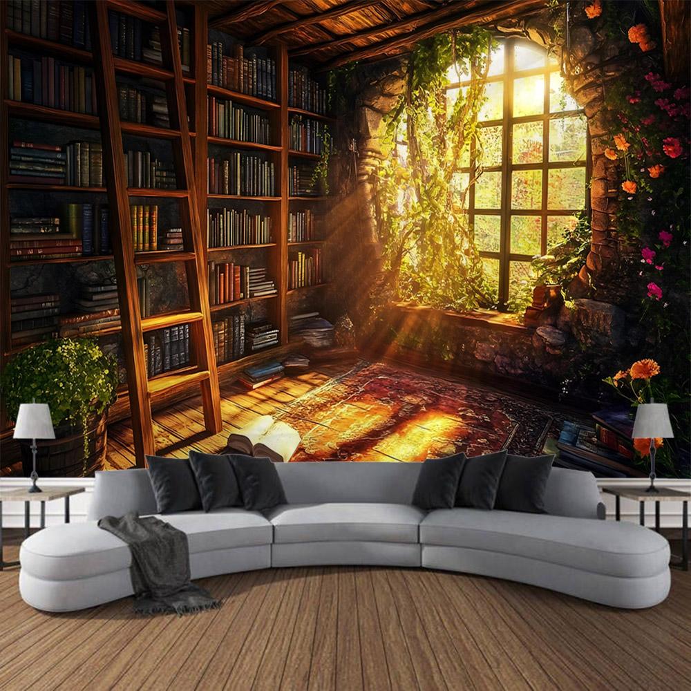 Magic Bookshelf Wall Mounted Tapestry Library, Living Room Background Cloth, Aesthetic Bedroom Decoration, Dreamy Home Decor