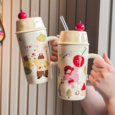 Süße Kirschtasse, neue Keramiktasse mit großem Fassungsvermögen, Trinkbecher mit Strohhalm für Paare, Geburtstagsgeschenk für Frauen.