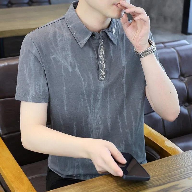 

Men s White Gray Watercolor Print Turn-Down Collar Short Sleeve Form Fitted Casual Polo Shirt M серый