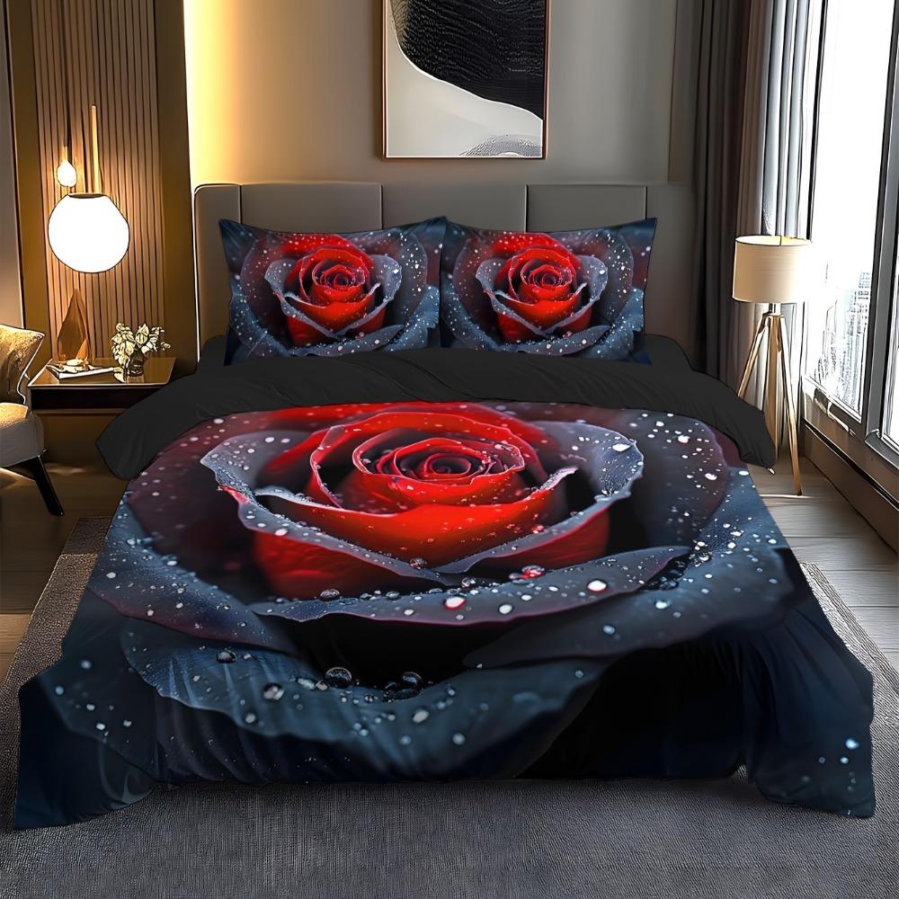 3pcs Bedding Set Black Red Romantic Rose 3D Printed Cozy Duvet Cover Set King Queen Twin Single Size Birthday Gift Bedroom Decor