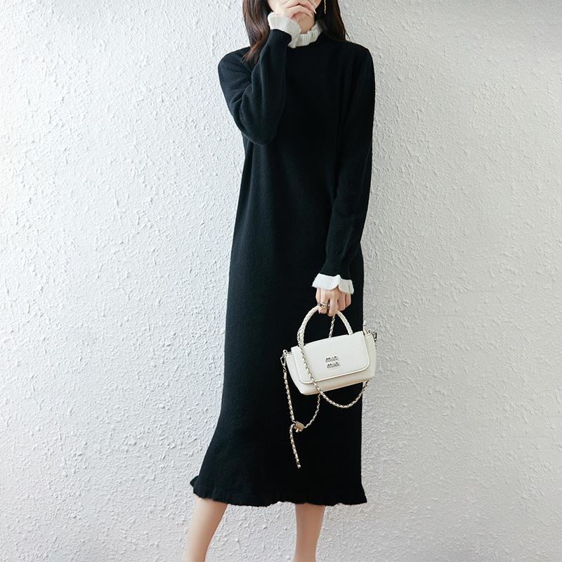 Women Sweater Dress 100% Wool TIDENOVEL Turtleneck Knit Long Pullover Winter Jumpers Wool Long Dress Female
