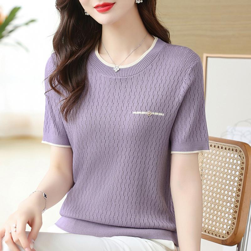 Summer Ice Silk Short Sleeve T-shirt Women Fashion Thin Casual Knitted Blouse Woman Short Sleeve Round Neck Tee Tops Office Lady Blouses 24120
