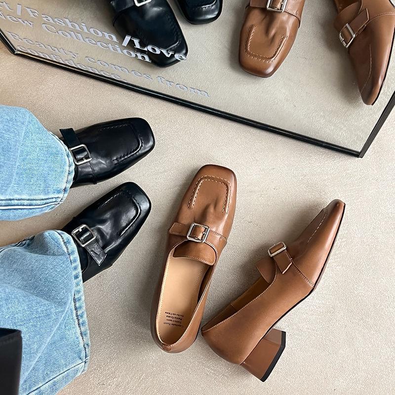 Washed cowhide 34-40 yards 2025 autumn square head middle heel deep mouth single shoes women's shoes square buckle loafers