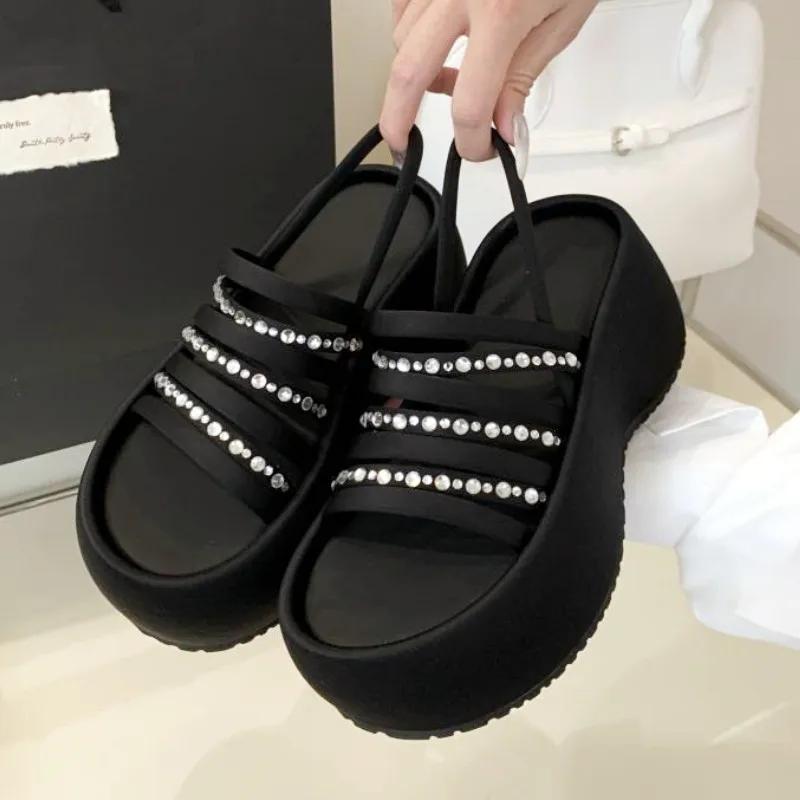 

Fashion Open Toe Narrow Band Designer Brand Sandals Women Luxury Rhinestone Round Toe Platform Sandals Comfortable Vacation Beach Shoes 39 чёрный
