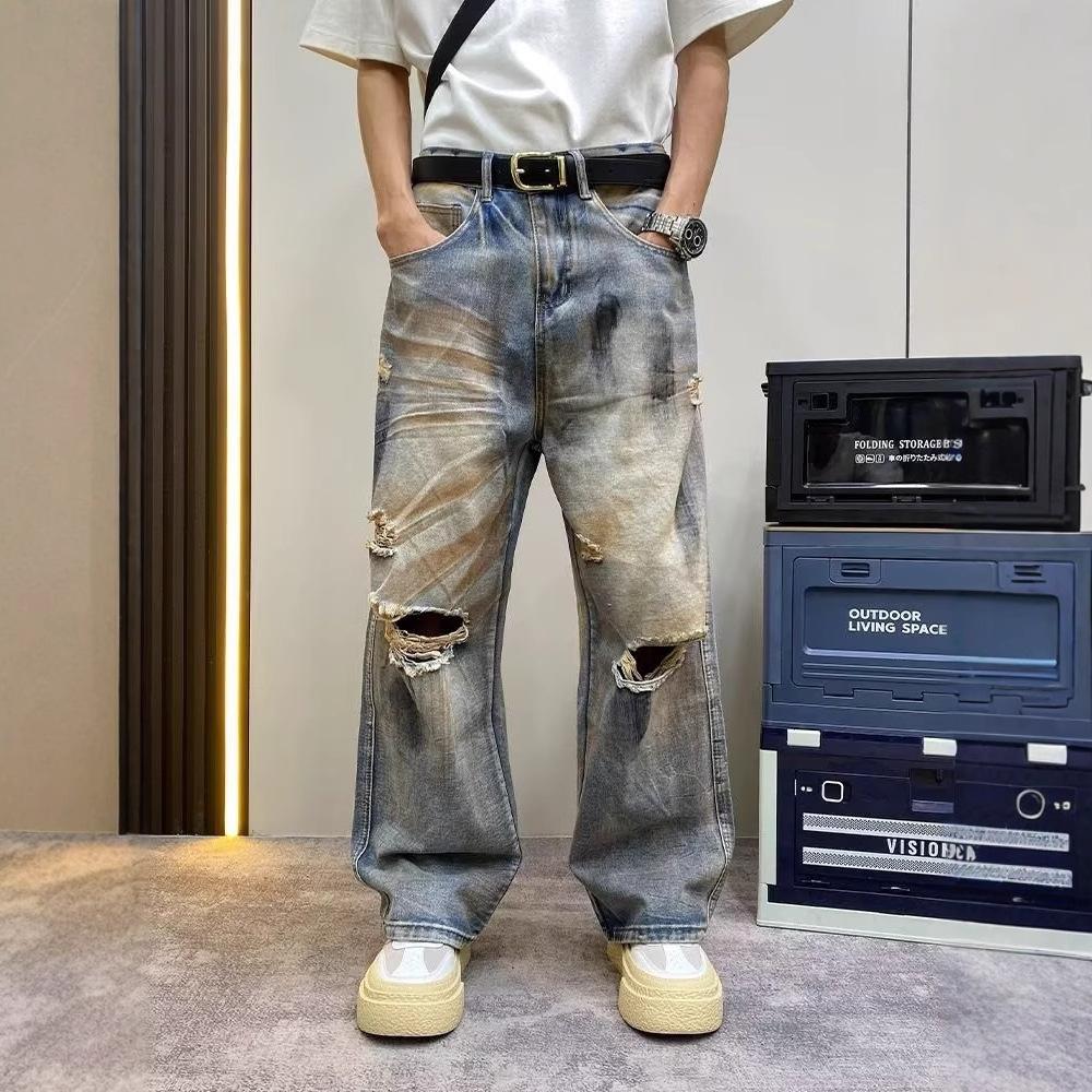 American retro high street ripped jeans men's summer tie-dye washed ruffian handsome dirty casual straight wide-leg pants
