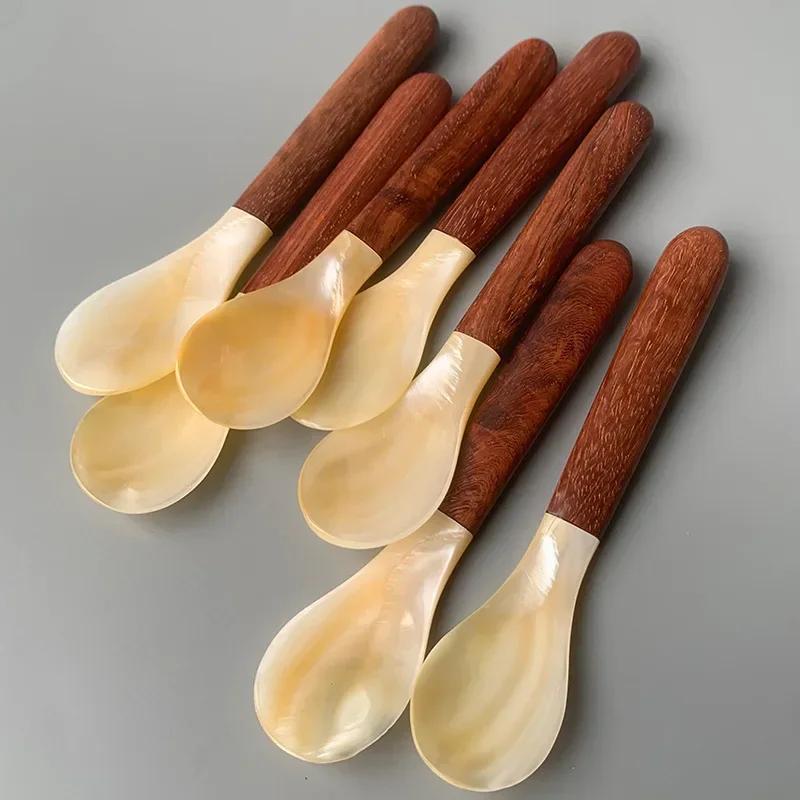 4pcs Natural Shell Spoon Forks Cream Coffee Caviar Spoon Mother of Pearl Seashells Stirring Spoons Teaspoon Crafts Kitchen Tool