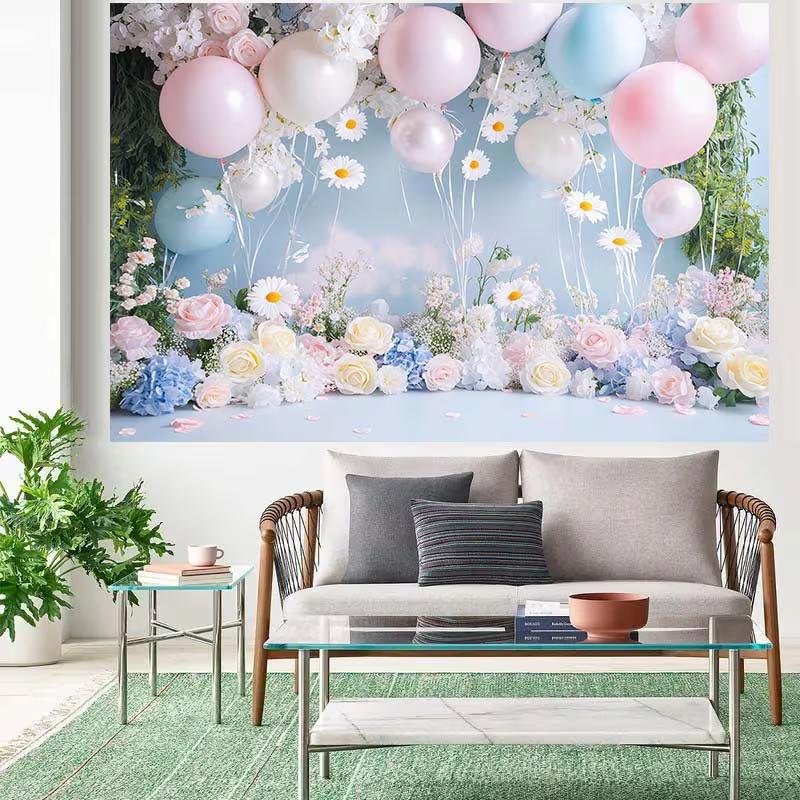 Romantic Pastel Balloon and Flower Backdrop Pink Blue Themed Background Banner for Girls