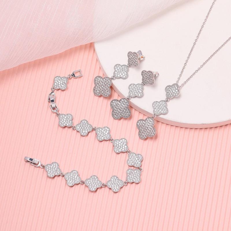 Elegant Long Clover Necklace Earring Bracelet Set With Full CZ Zircon Stones Sterling Plated