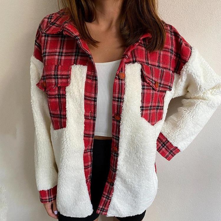 Winter Hoodie Plush Shirt Single Breasted Checkered Cardigan For Women