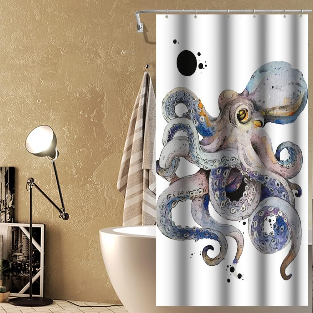 Colorful Octopus Shower Curtain Ink Painting Japanese Kanagawa Kraken Black Dots Design for Bathroom Decor Fabric Polyester