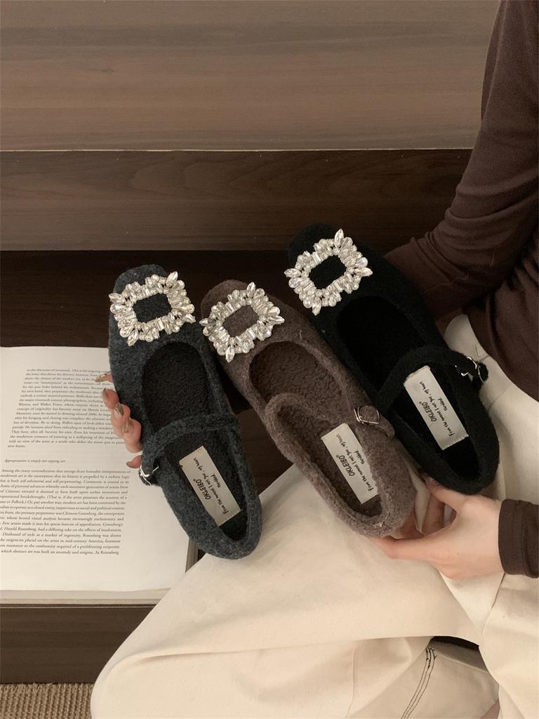 Xiaoxiangfeng Woolen Rhinestone Square Head Fluffy Mary Jane Shoes Women's Autumn and Winter Velvet Cotton Shoes Middle Heel Ladyshoes Women's Single