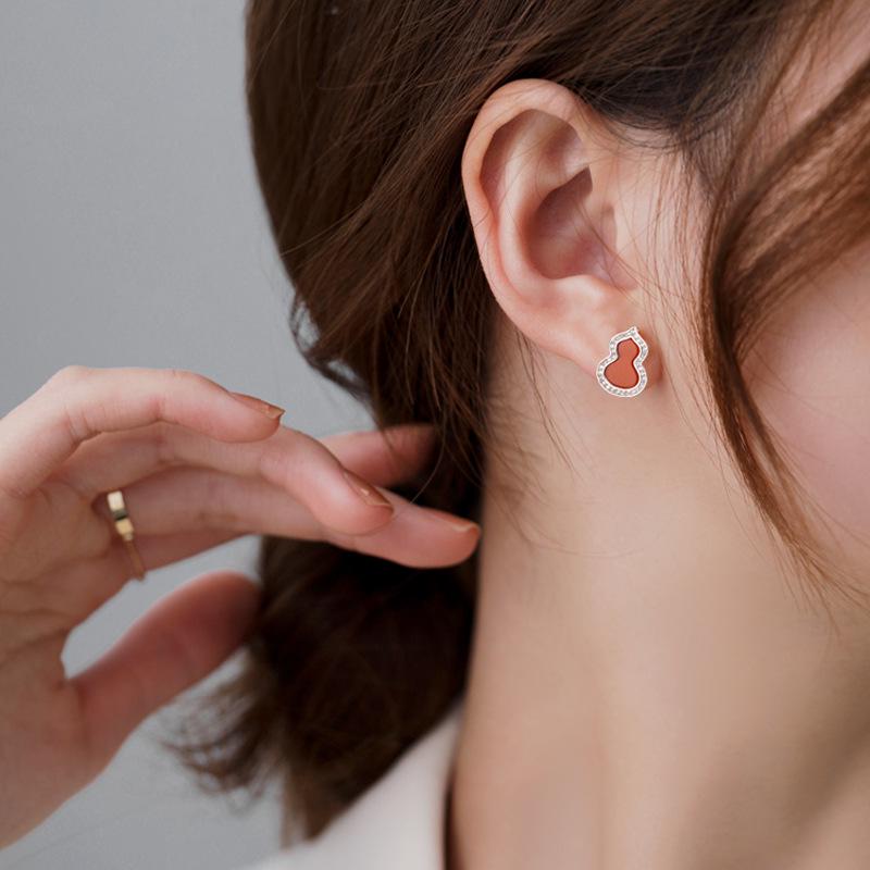 S925 Sterling Silver Gourd Rhinestone-Inlaid Stud Earrings