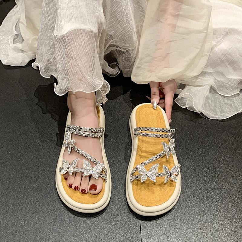 Bow Thick Bottom Cover Toe Cool Slippers Women's Outer Wear 2025 Summer New Fashion Muffin Rhinestone Slippers