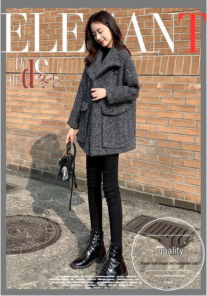2025 Autumn/Winter Plaid Petite Woolen Coat - Mid-Length, Loose Fit for Women