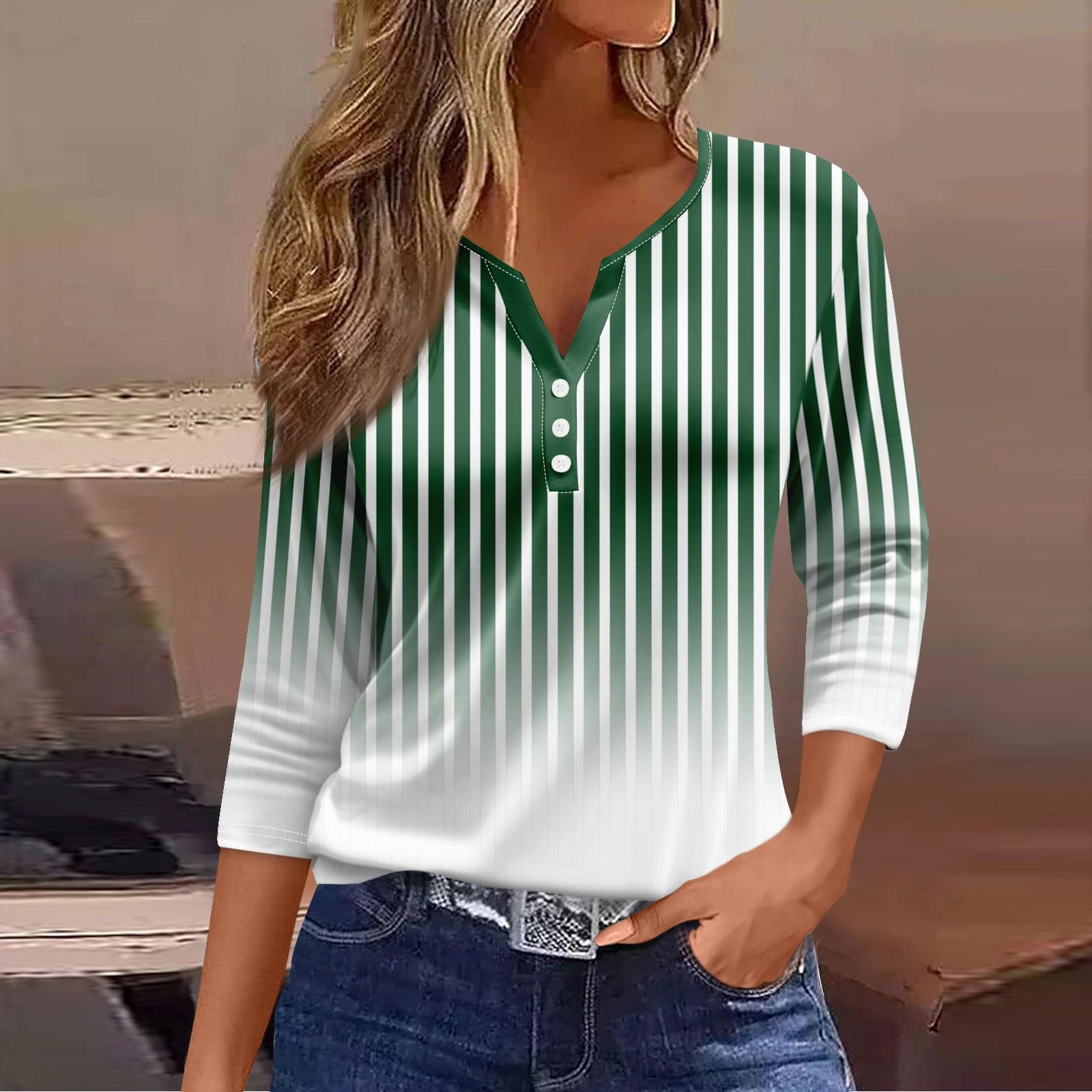 

Женский модный повседневный топ с рукавом три четверти и пуговицами в полоску с градиентным принтом и круглым вырезом с принтом S зелёный