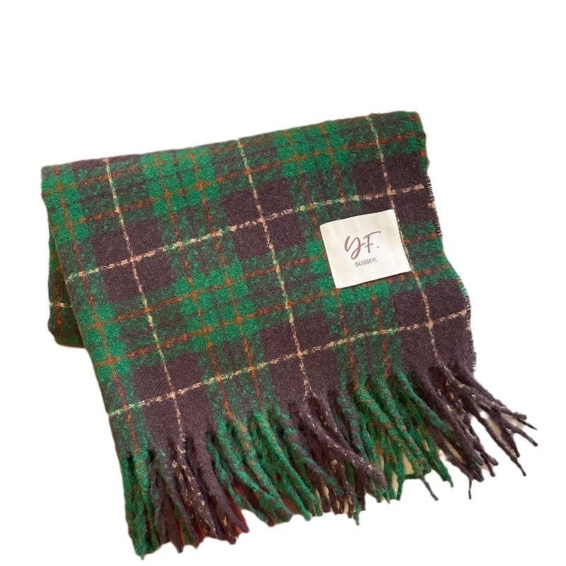Retro Green Plaid Scarf Women's Winter Senior Sense Korean Version Versatile Imitation Cashmere Student Warm Shawl Thickened Scarf