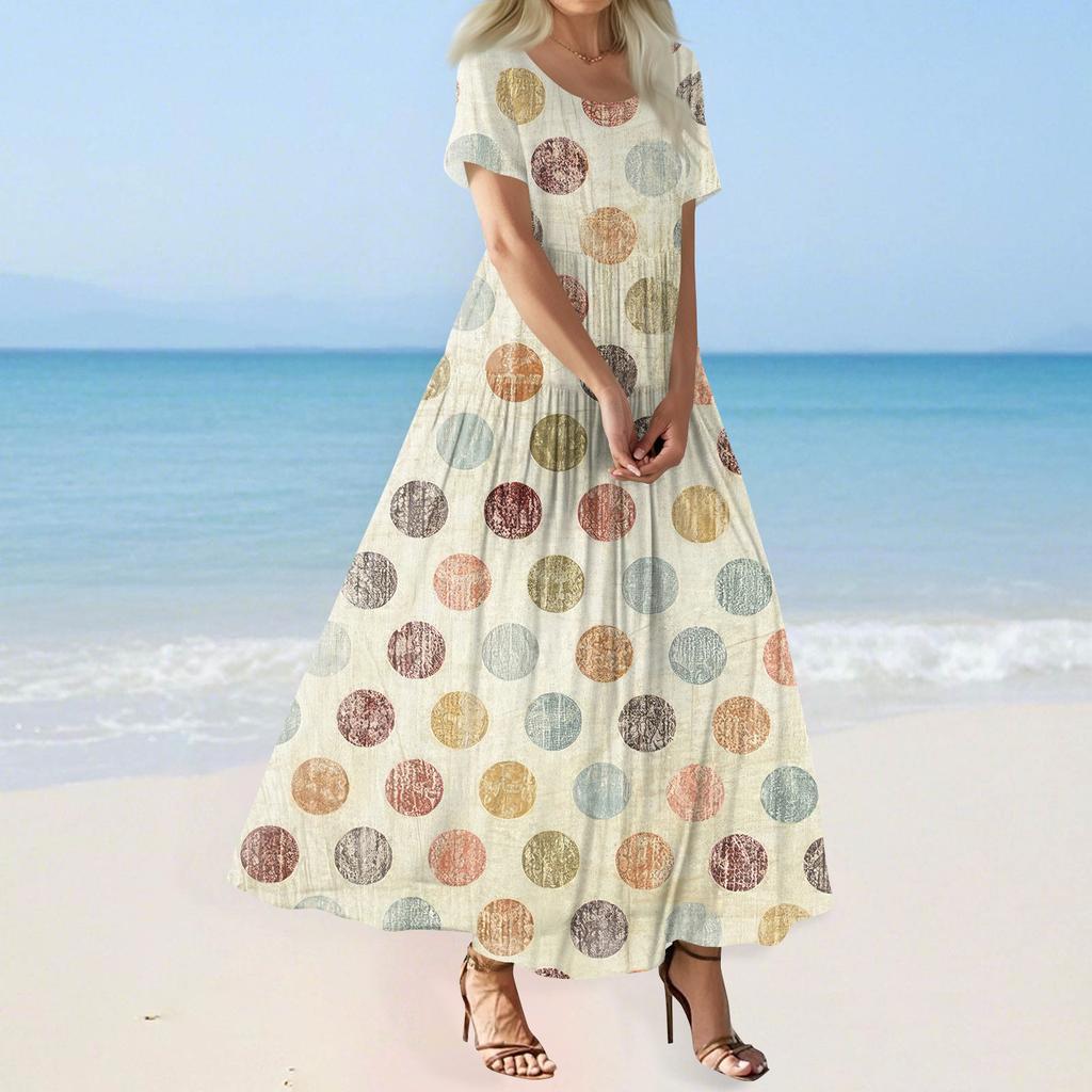 Damen Sommer Casual Blumendruck Kurzarm O-Ausschnitt Hohe Taille A-Linie Stufen Fließendes Boho Maxikleid