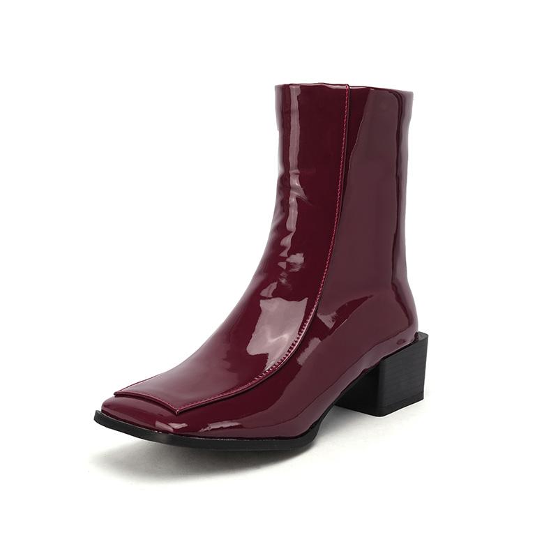 

Челси ботинки на толстом каблуке с квадратным носком из яркой лакированной кожи, с плоским носком, простые и модные, уличные женские ботильоны, оверсайз 39 вино красного