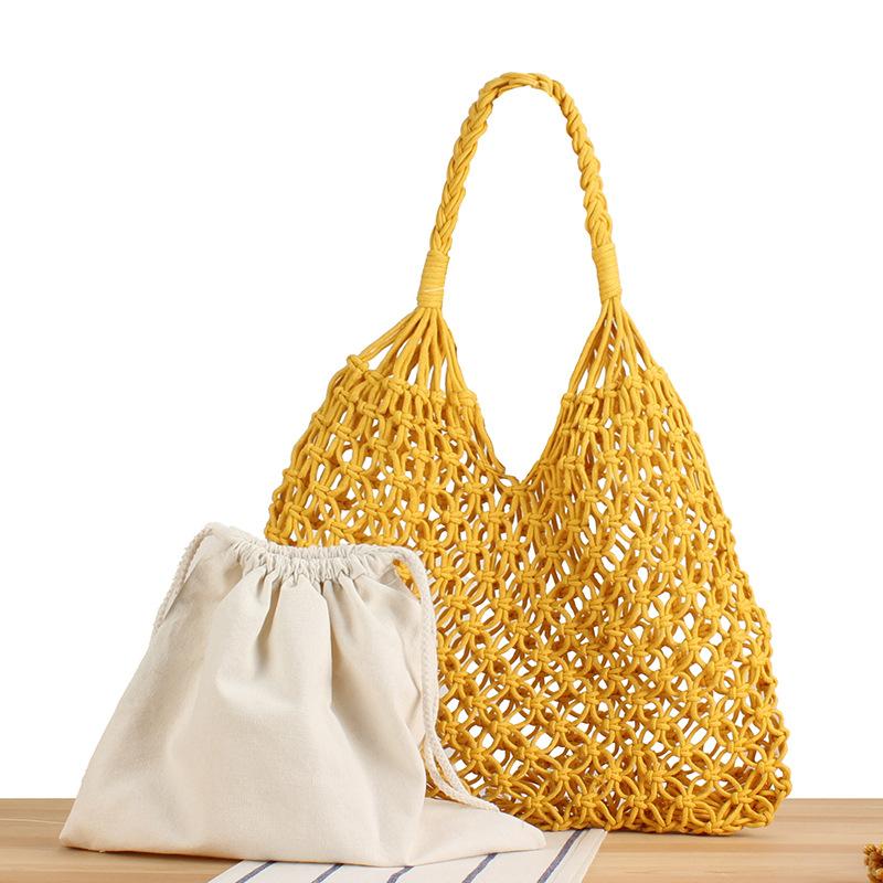 

Summer Net Beach Bag For Women Cotton Rope Knitted Bucket Shoulder Bags Reticulate Hollow Out Travel Shopper Totes Lady Handbags