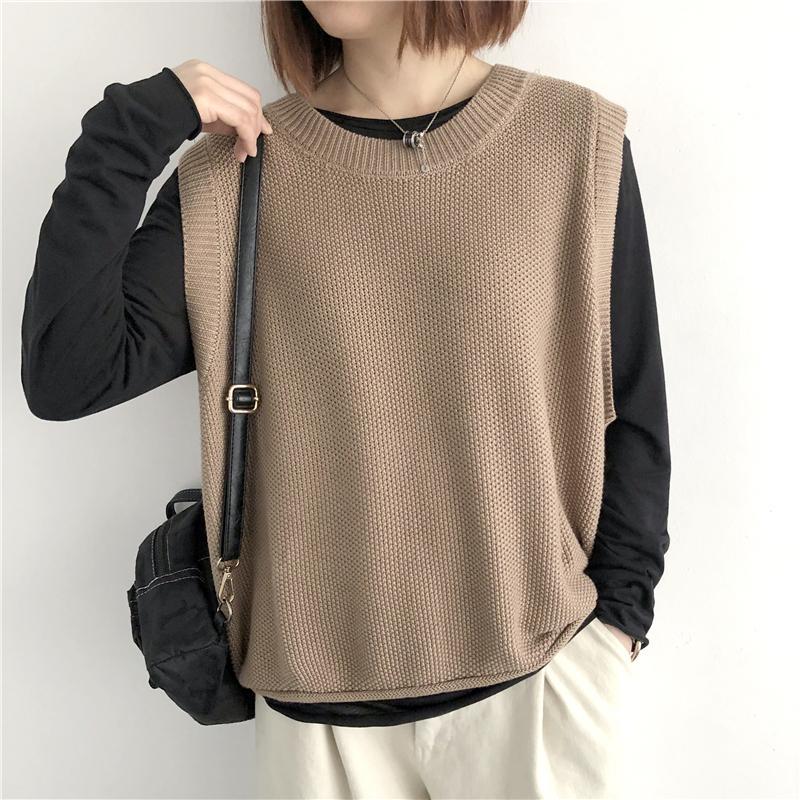 Pevná pletená vesta s výstřihem, ležérní volný svetr bez rukávů, dámské oblečení