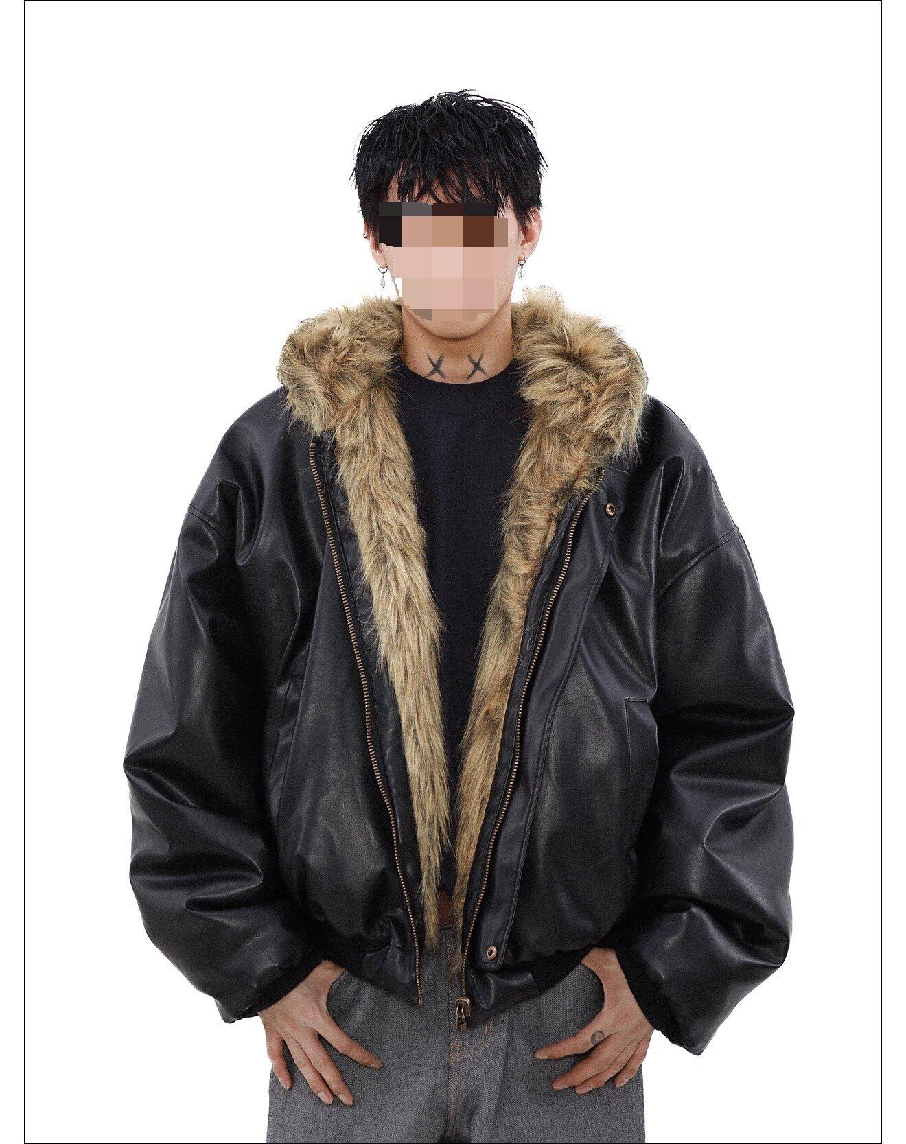 Men s Double-Sided Hooded Shearling Cotton Jacket - American Style, Trendy Winter Leather Fur Coat XL чёрный