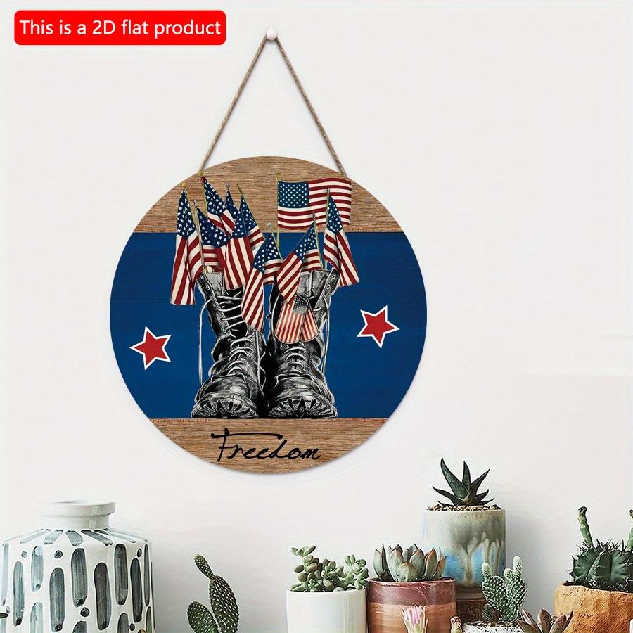 2D Flat 20*20cm1pc Freedom Memorial Theme Warrior Shoes and Flag Pattern Wooden Hanging Door Decor, USA Independence Day Blue Style Sign, Suitable