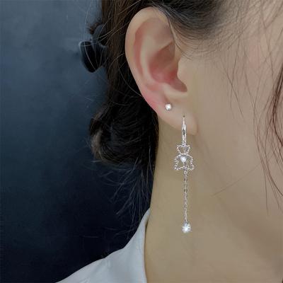 925 Stamped Korean 1pcs No-piecing Long Tassel Bear Clip Earrings for Women Girls Zircon Earrings Wedding Party Jewelry Gift